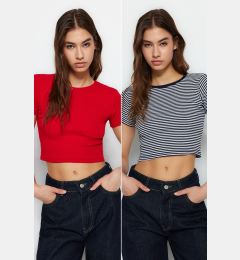 Снимка на Trendyol Navy Blue Striped-Red Plain 2-Pack Fitted/Simple Crop Corduroy Knit Blouse