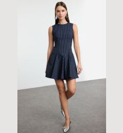 Снимка на Trendyol Navy Blue Striped Skirt Waist Opening Crew Neck Mini Polyviscon Woven Dress