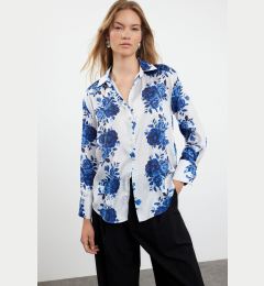 Снимка на Trendyol Navy Blue Woven Satin Rose Patterned Oversize Wide Fit Shirt