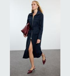 Снимка на Trendyol Navy Blue Zippered Pocket Detailed Gabardine Fabric Midi Woven Shirt Dress