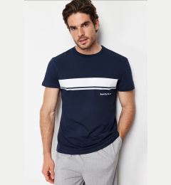 Снимка на Trendyol Navy Regular/Real Fit Crew Neck Striped Printed 100% Cotton T-shirt