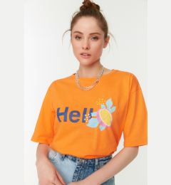 Снимка на Trendyol Orange 100% Cotton Slogan Printed Relaxed/Wide Relaxed Cut Crew Neck Knitted T-Shirt