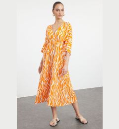 Снимка на Trendyol Orange Abstract Patterned A-Line Double Breasted Midi Woven Dress