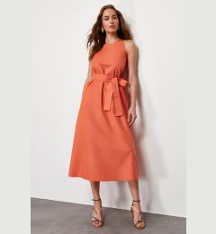 Снимка на Trendyol Orange Belted 100% Cotton Poplin Pocket Midi Woven Dress