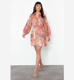 Снимка на Trendyol Orange Flower Patterned Waist Open Shirt Collar Mini Lined Chiffon Woven Dress