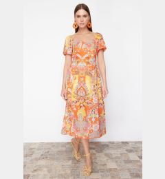 Снимка на Trendyol Orange Patterned A-Line Square Collar Slit Midi Lined Chiffon Woven Dress