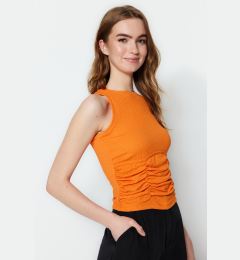 Снимка на Trendyol Orange Shirring Detail Crispy Crop, Knitted Blouse