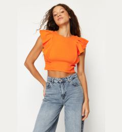 Снимка на Trendyol Orange Sleeves Frilly Ribbed Stretchy Crew Neck Crop Knitted Blouse