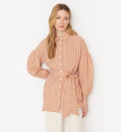 Снимка на Trendyol Orange Striped Belted Balloon Back Sleeve Long Woven Shirt