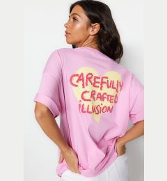 Снимка на Trendyol Pink 100% Cotton Front and Back Embossed Printed Oversized/Wide Knitted T-Shirt