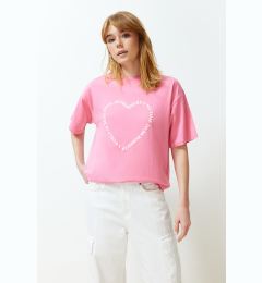 Снимка на Trendyol Pink 100% Cotton Heart Motto Printed Oversize/Casual Fit Knitted T-Shirt