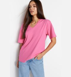 Снимка на Trendyol Pink 100% Cotton Oversize/Wide Fit V-Neck Knitted T-Shirt