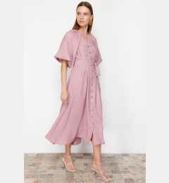 Снимка на Trendyol Pink Belted Half Balloon Sleeve Linen Look Woven Shirt Dress