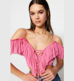 Снимка на Trendyol Pink Crop Ruffle Knitted Blouse