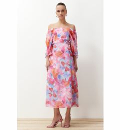 Снимка на Trendyol Pink Floral Patterned A-Line Madonna Collar Chiffon Lined Maxi Woven Dress