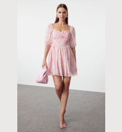 Снимка на Trendyol Pink Floral Patterned Mini Woven Dress with Corset Detailed Skirt Opening at the Waist