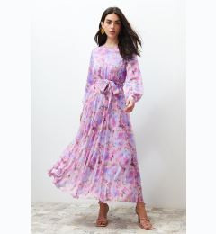 Снимка на Trendyol Pink Floral Sash Detailed Lined Pleated Chiffon Woven Dress