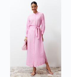 Снимка на Trendyol Pink Judge Collar Belted Plain Woven Shirt Dress