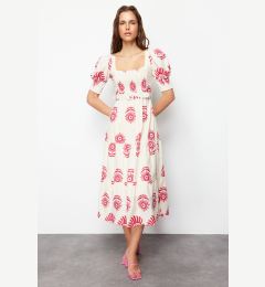 Снимка на Trendyol Pink Patterned Square Neck Linen Look Belted Midi Woven Dress