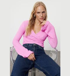 Снимка на Trendyol Pink Premium Textured Fabric Double Breasted Neck Regular/Normal Fit Crop Knitted Blouse