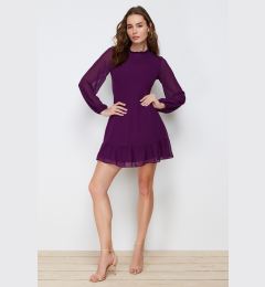 Снимка на Trendyol Plum A-Line Ruffle Detailed Stand Collar Mini Lined Chiffon Woven Winter Dress