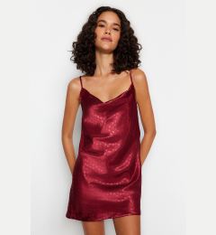 Снимка на Trendyol Premium Burgundy Satin Heart Patterned Degaje Collar Strap Woven Nightdress