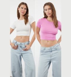 Снимка на Trendyol Premium Pink-Ecru 2 Pack Crop Viscose/Soft Fabric Stretchy Knitted Blouse