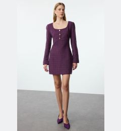 Снимка на Trendyol Purple A-Line Square Neck Button Detailed Mini Tweed Woven Dress