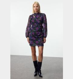 Снимка на Trendyol Purple Floral Fitted/Fits Body Standing Neck Mini Lined Chiffon Woven Winter Dress