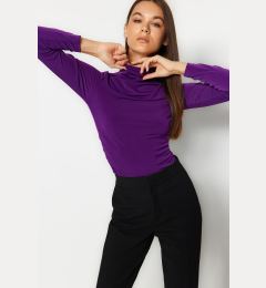 Снимка на Trendyol Purple Gather Detailed High Collar Fitted/Long Sleeve Fitted Stretchy Knitted Blouse