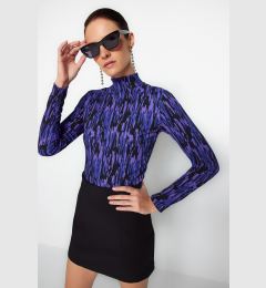 Снимка на Trendyol Purple Printed Fitted High Neck Long Sleeve Sweater/Textured Knitted Blouse