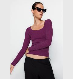 Снимка на Trendyol Purple Vintage/Faded Effect Ribbed Pool Neck Fitted Cotton Stretch Knitted Blouse