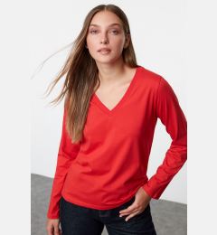 Снимка на Trendyol Red 100% Cotton Regular/Normal Fit Basic V-Neck Long Sleeve Knitted T-Shirt