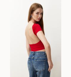 Снимка на Trendyol Red Backless Crop Cotton Stretchy Knitted Blouse