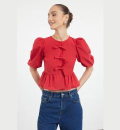 Снимка на Trendyol Red Balloon Sleeve Woven Shirt with Tie Detail