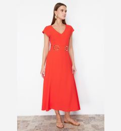 Снимка на Trendyol Red Belted Midi Crepe Woven Dress with Skirt Opening at the Waist