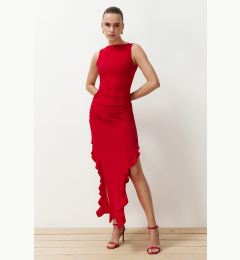 Снимка на Trendyol Red Bodycone Slit Ruffle Detailed Flexible Thick Sandy Maxi Pencil Dress