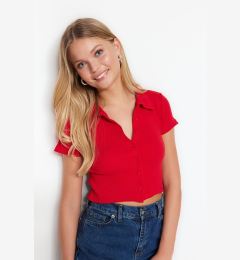 Снимка на Trendyol Red Button Detail Fitted/Situated Crop Polo Neck Ribbed Stretch Knit Blouse