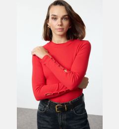 Снимка на Trendyol Red Buttoned Ribbed Stand Collar Fitted Cotton Stretch Knitted Blouse