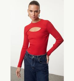 Снимка на Trendyol Red Cut Out/Window Detailed Crew Neck Ribbed Stretchy Knitted Blouse