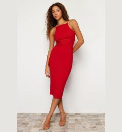 Снимка на Trendyol Red Fitted Halter Neck Ribbed Stretchy Knitted Midi Pencil Dress