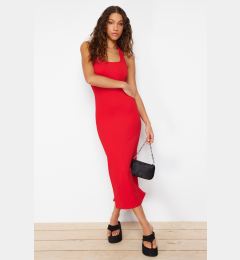 Снимка на Trendyol Red Fitted Square Neck Ribbed Stretchy Knitted Maxi Pencil Dress