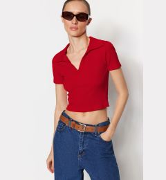 Снимка на Trendyol Red Fitted/Situated Crop Polo Neck Ribbed Stretch Knitted Blouse