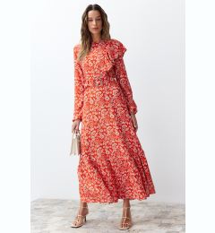 Снимка на Trendyol Red Floral Lined Ruffle Detailed Belted Woven Dress