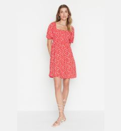 Снимка на Trendyol Red Floral Waist Gimped Viscose Mini Woven Dress