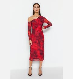 Снимка на Trendyol Red Patterned Lined Fitted Asymmetrical Collar Flexible Knitted Midi Pencil Dress