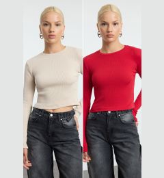 Снимка на Trendyol Red-stone 2 Pack Fitted Crew Neck Ribbed Crop Stretchy Knitted Blouse