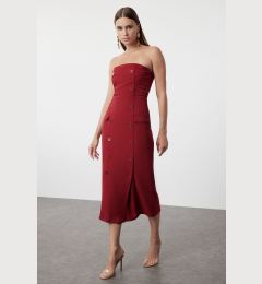 Снимка на Trendyol Red Straight Cut Button Detail Strapless Midi Woven Dress