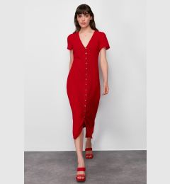 Снимка на Trendyol Red Straight Cut Button Detail V-neck Midi Woven Dress