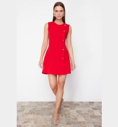 Снимка на Trendyol Red Straight Cut Button Detailed Crew Neck Mini Woven Dress